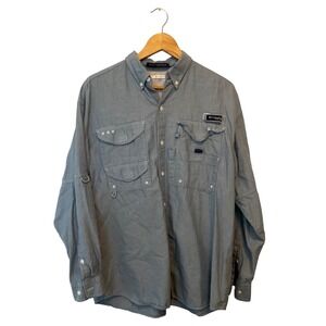 Columbia PFG Super Bonehead Fishing Shirt Mens Med Blue Long Sleeve Faux Denim